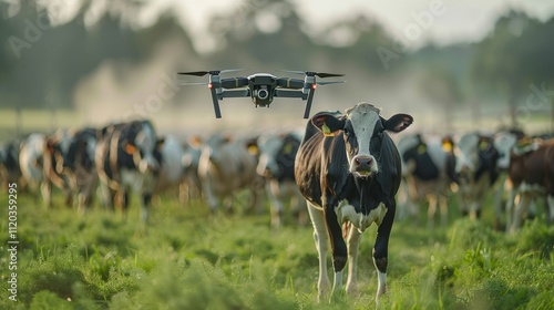 Drone flying over a herd of cows in a pasture.