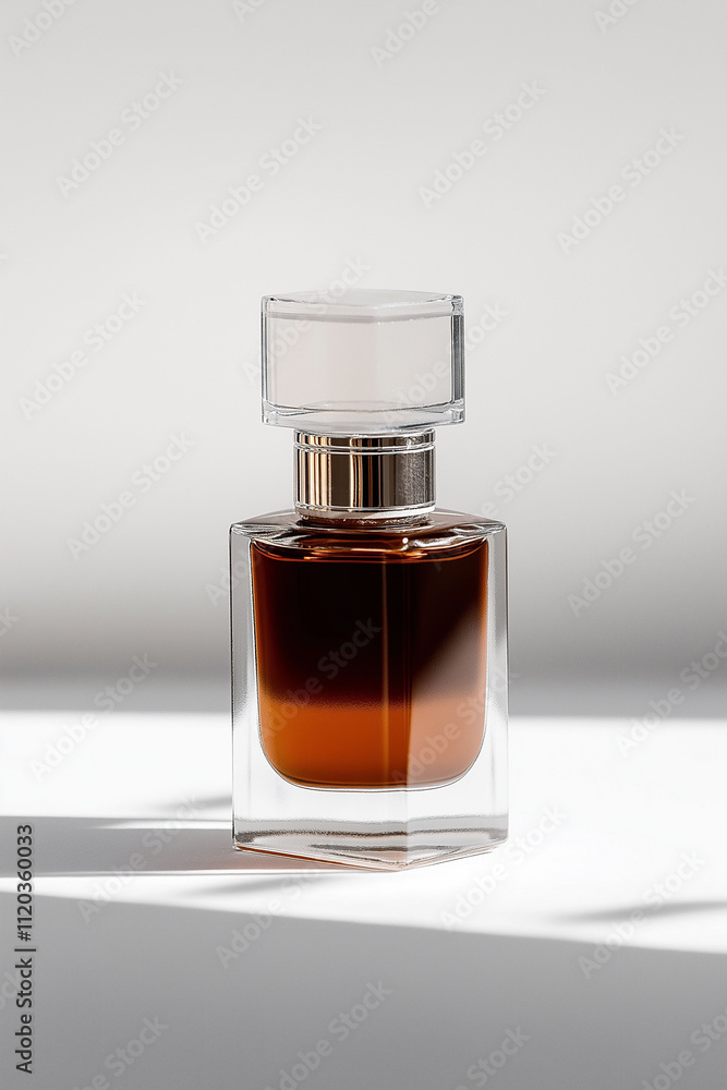 Elegant glass perfume bottle with amber liquid illuminated by soft light on a neutral background in a minimalistic setting Elegant glass perfume bottle with amber liquid illuminated by soft light on a neutral background in a minimalistic setting