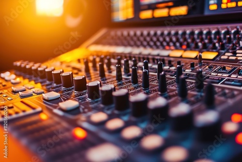  Close-up of a mixing console in a recording studio, a music production concept.  photo