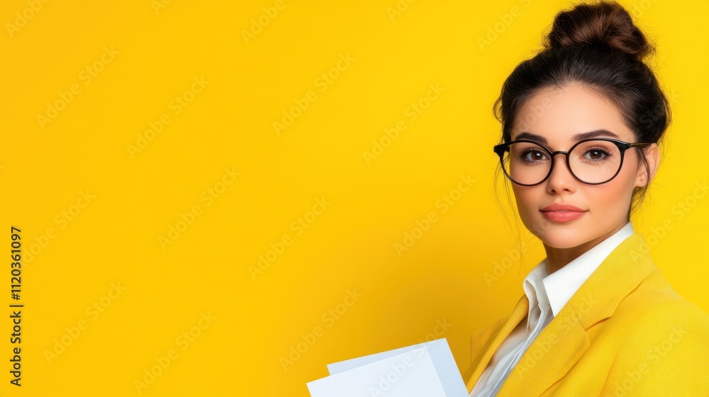 Professional woman in yellow attire holding documents against a bright background. Professional woman in yellow attire holding documents against a bright background.