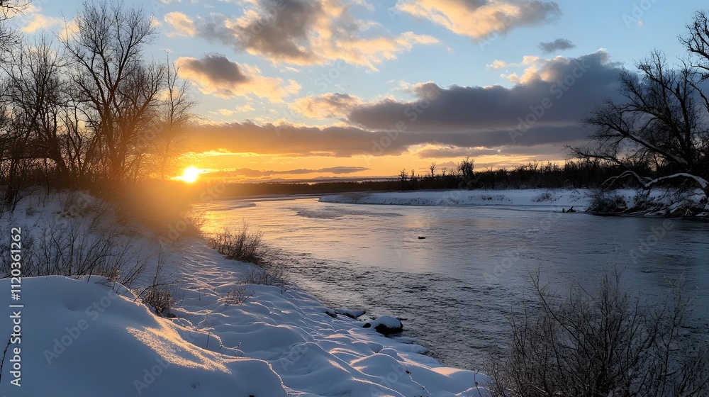 A beautiful winter sunset over the river in Alaska, with snow-covered trees and a cloudy sky A beautiful winter sunset over the river in Alaska, with snow-covered trees and a cloudy sky