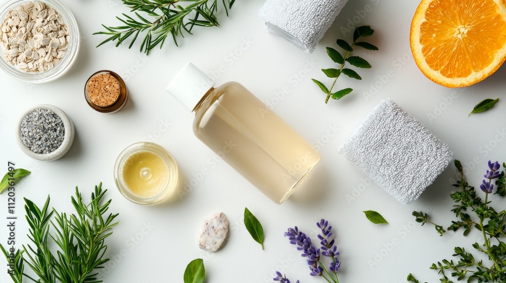 Natural skincare products with herbs and ingredients on a white background Natural skincare products with herbs and ingredients on a white background