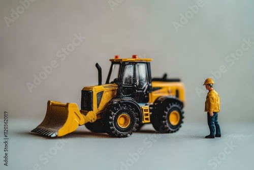 Miniature construction scene featuring a yellow bulldozer and a worker figurine on a smooth surface