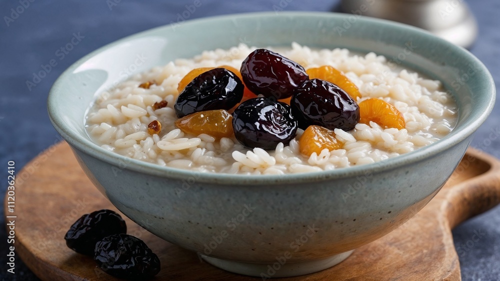 Delicious rice pudding with dried fruits on wooden table Delicious rice pudding with dried fruits on wooden table