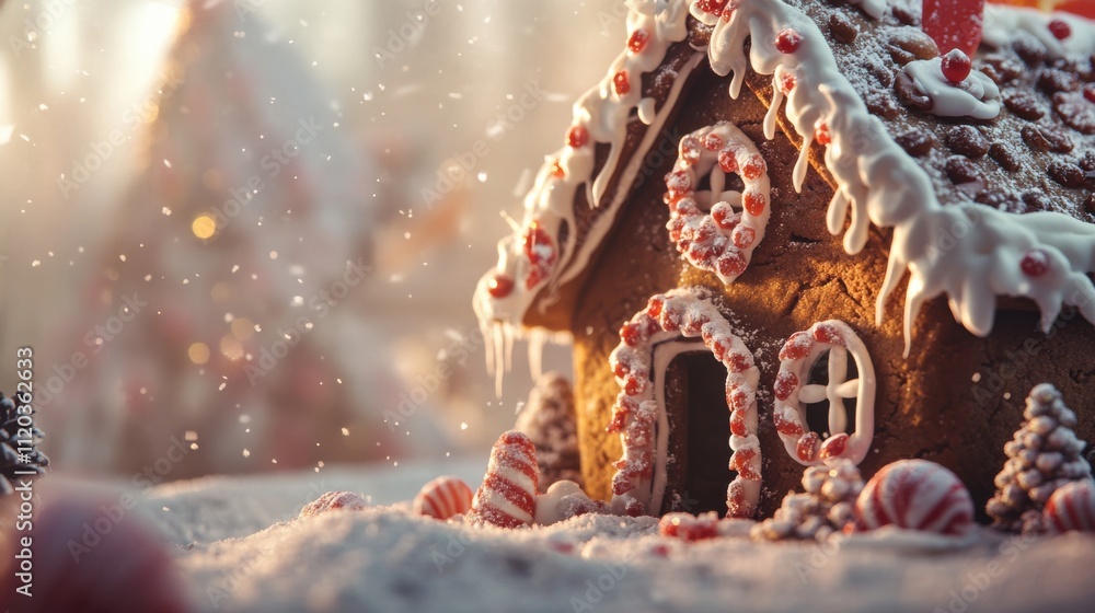 Closeup vibrant gingerbread house with intricate decor and lighting Closeup vibrant gingerbread house with intricate decor and lighting
