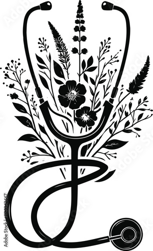 Healthcare concept Split Floral stethoscope vector, flower with stethoscope vector silhouette.