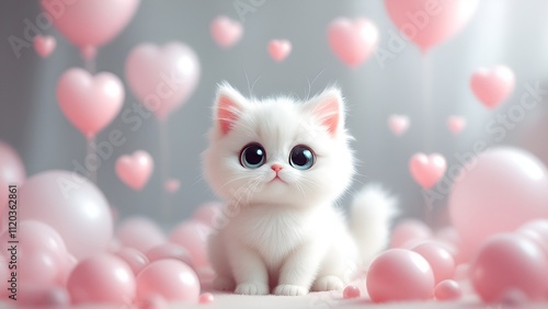 Fluffy white cartoon cat with big eyes surrounded by soft pink balloons, creating a cute and playful atmosphere, AI