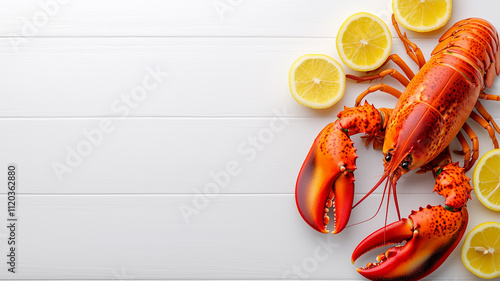 seafood display highlighting a fresh red lobster, elegantly garnished with zesty lemon slices
 photo