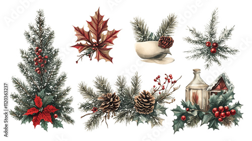 Watercolor Christmas symbols set. Hand painted winter plants, fir, red Christmas ball, holly, mistletoe. Holiday floral and objects vector illustration for design, print, background, greeting card.