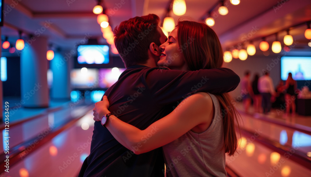 Couple Embraces in a Bowling Alley Couple Embraces in a Bowling Alley