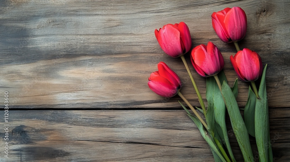 red tulips on wooden background, top view with copy space red tulips on wooden background, top view with copy space