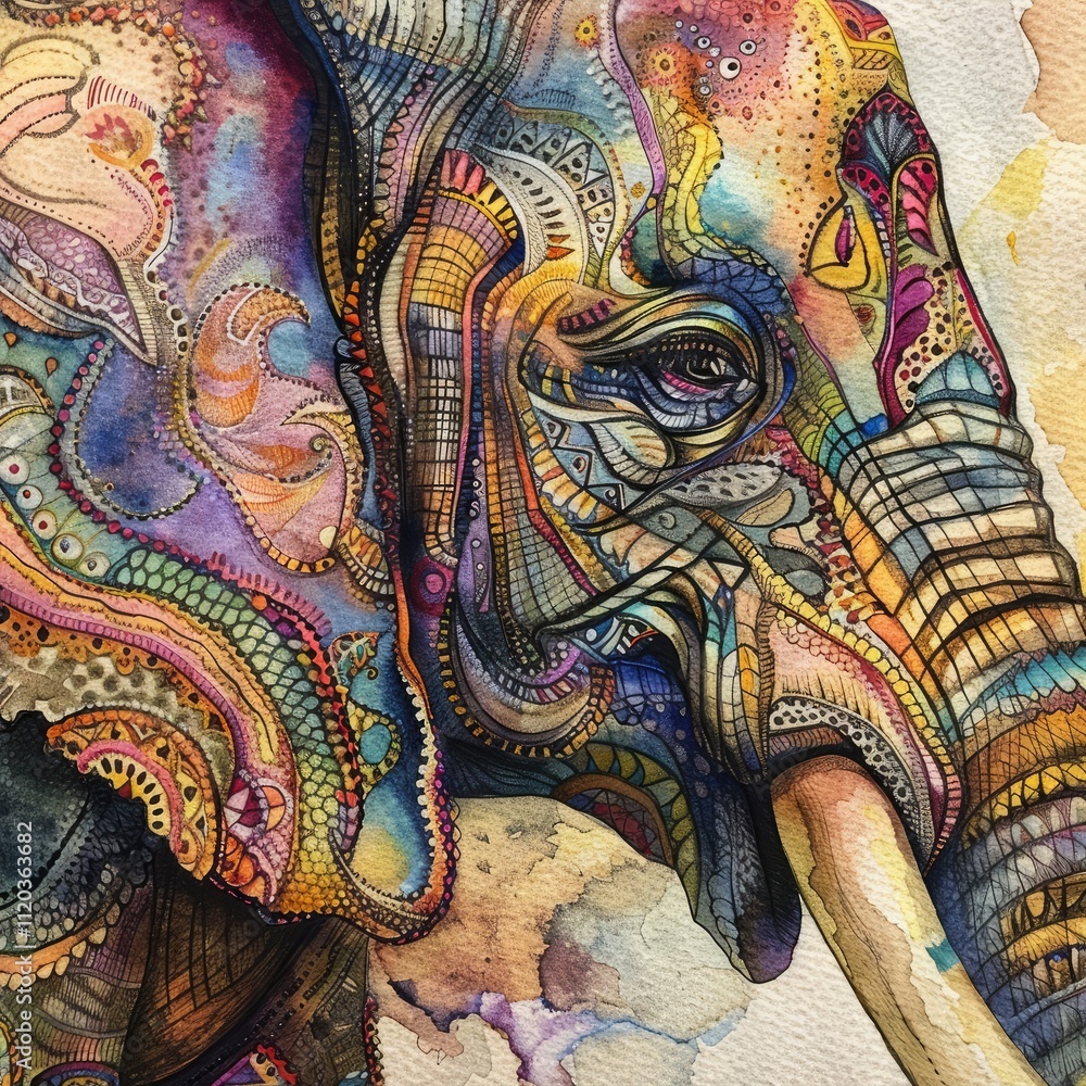 custom made wallpaper toronto digitalAbstract watercolor painting of an elephant's face with intricate details.
