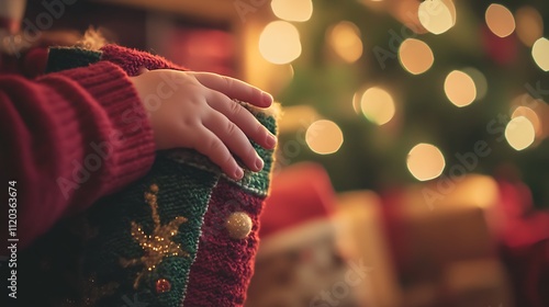 Childa??s hand reaching for a Christmas stocking, capturing the excitement of the holiday season. photo