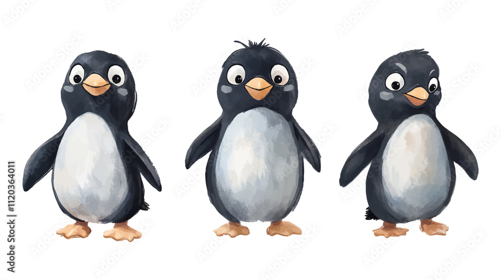 Obraz premium Vector penguins set. Collection of adults penguins with cute baby penguins. Watercolor hand drawn illustration isolated on white background illustration.