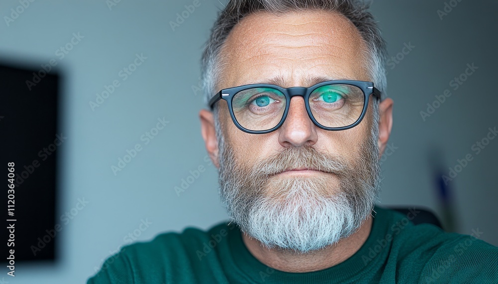 A middle-aged man with glasses and a beard gazes thoughtfully in a stylish room A middle-aged man with glasses and a beard gazes thoughtfully in a stylish room
