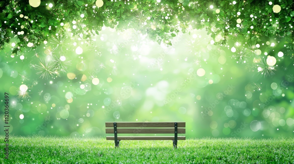 Obraz premium A serene park scene featuring a solitary bench surrounded by lush greenery and a soft, glowing bokeh effect, inviting relaxation and reflection.