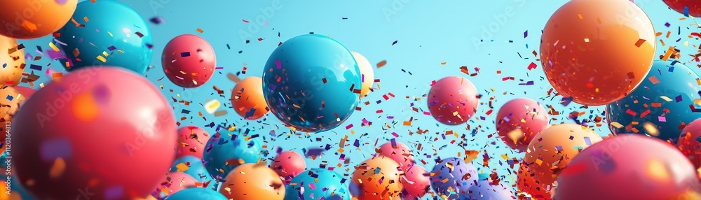 Colorful spheres float against a bright blue sky, creating a lively and festive atmosphere with scattered confetti. Colorful spheres float against a bright blue sky, creating a lively and festive atmosphere with scattered confetti.