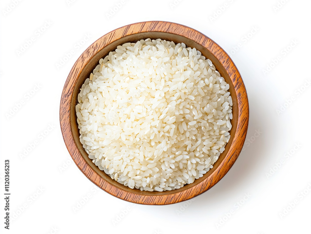 Natural texture of rice grains showcased in a rustic wooden bowl against a clean white background, emphasizing simplicity and organic beauty Natural texture of rice grains showcased in a rustic wooden bowl against a clean white background, emphasizing simplicity and organic beauty