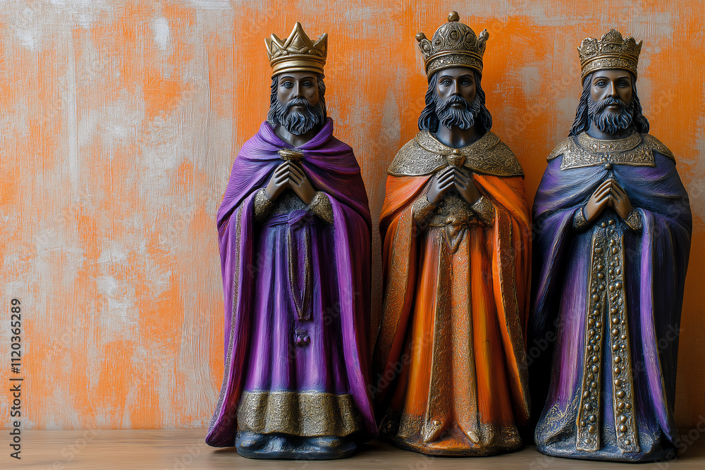 Three colorful carved wood statues of Day of Epiphany kings, dia de los reyes celebration, copy space Three colorful carved wood statues of Day of Epiphany kings, dia de los reyes celebration, copy space