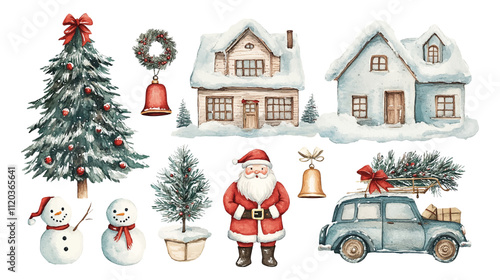 Xmas set Christmas tree, Santa with gifts Festive wreath, candy canes, gingerbread. New year decorations and Winter holiday decor. Watercolor flat isolated vector illustration on white background