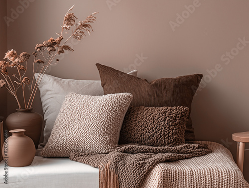 sofa and pillows in mocha mousse color