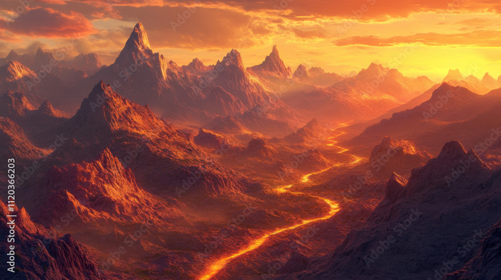Breathtaking Landscape of Vibrant Red Hues at Sunset Over Majestic Mountain Ranges with Flowing Lava River and Dramatic Cloud Patterns in the Sky Breathtaking Landscape of Vibrant Red Hues at Sunset Over Majestic Mountain Ranges with Flowing Lava River and Dramatic Cloud Patterns in the Sky