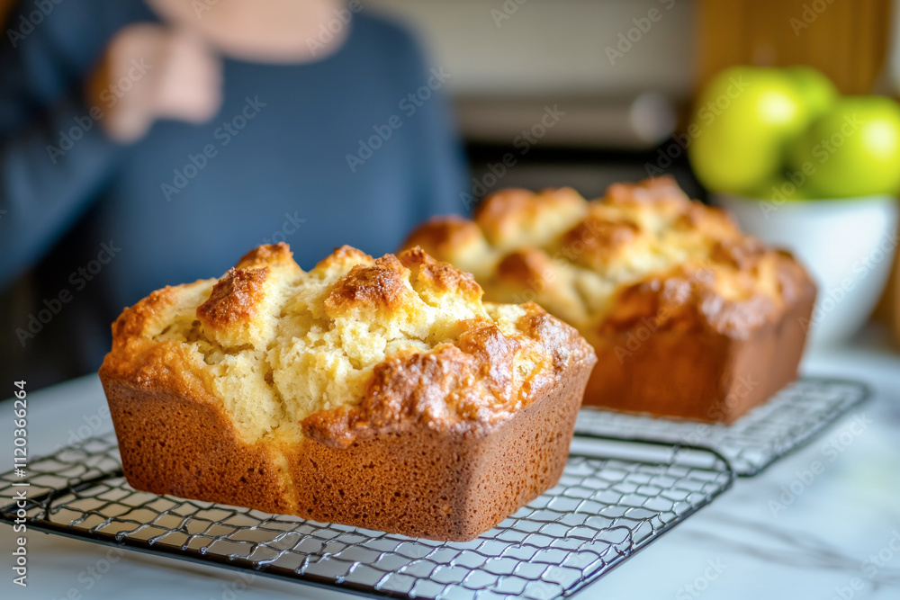 Freshly baked apple bread loaves cooling on a wire rack in a cozy kitchen with green apples in the background Freshly baked apple bread loaves cooling on a wire rack in a cozy kitchen with green apples in the background