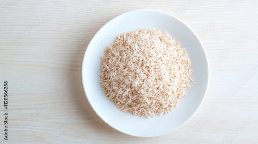 Casually arranged rice fills a pristine white plate atop a light wooden tabletop, reflecting simplicity and minimalism Casually arranged rice fills a pristine white plate atop a light wooden tabletop, reflecting simplicity and minimalism
