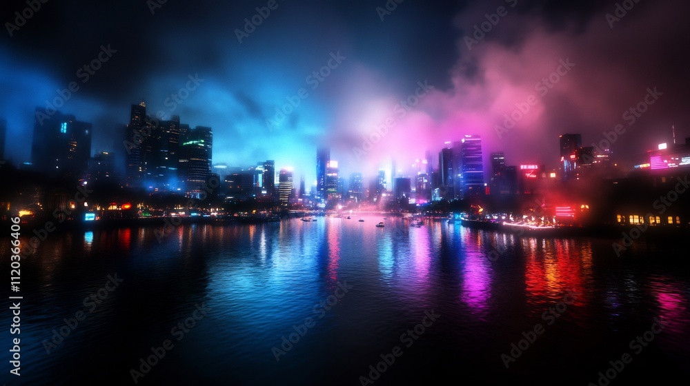 Night Cityscape with Neon Lights and Fog Reflecting on Water Night Cityscape with Neon Lights and Fog Reflecting on Water