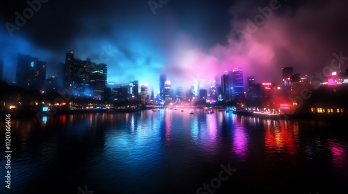 Night Cityscape with Neon Lights and Fog Reflecting on Water