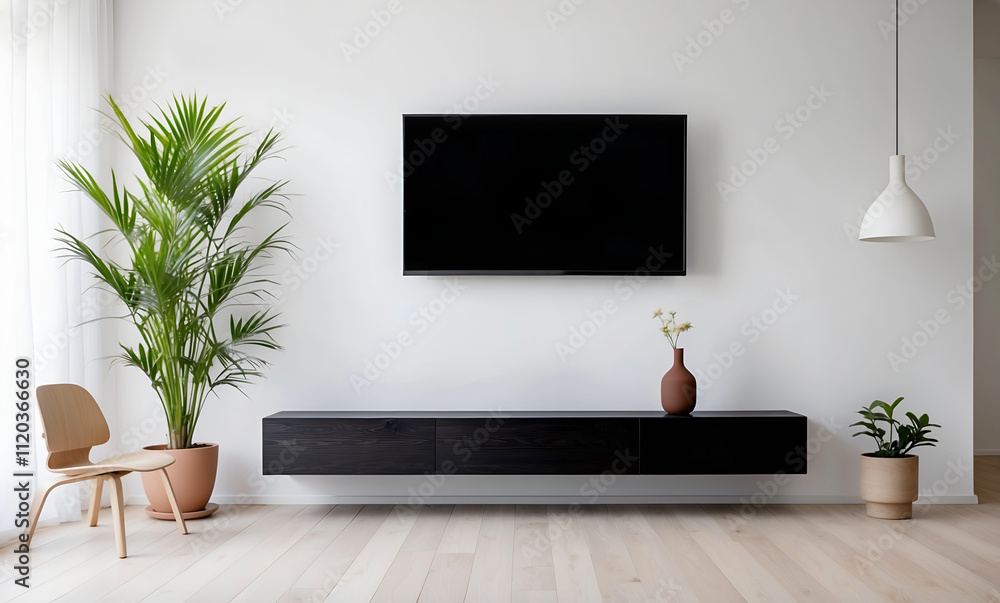 Clean Modern Design Wall-Mounted TV, Floating Console, and Subtle Decor in a Bright Minimalist Living Room Clean Modern Design Wall-Mounted TV, Floating Console, and Subtle Decor in a Bright Minimalist Living Room