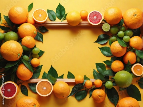 fresh citrus frame with oranges, tangerines, and grapefruits along with green leaves on a yellow background, top-down view with copy space.