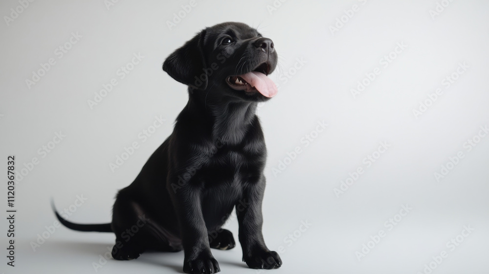 Adorable Black Labrador Puppy Sitting Upright with Playful Expression and Tongue Out Against a Soft Neutral Background Adorable Black Labrador Puppy Sitting Upright with Playful Expression and Tongue Out Against a Soft Neutral Background