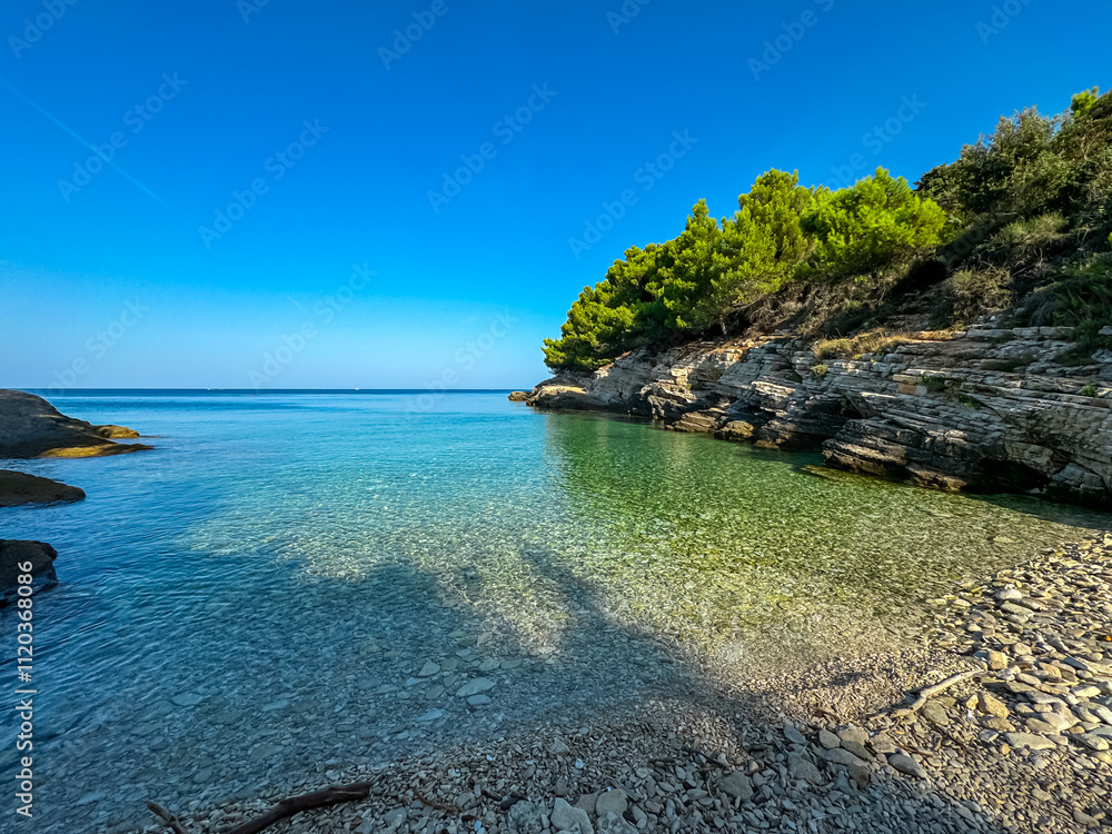 Idyllic paradise pebble beach Radovica in Cape Kamenjak National Park near Premantura, Istria, Croatia. Turquoise water of Adriatic Mediterranean Sea in summer. Vacation in hidden cove. Seascape