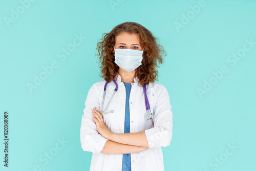 Portrait, woman and doctor with face mask in hospital of healthcare services, ppe safety and medical compliance. Girl, surgeon and arms crossed for virus danger, wellness risk and about us of surgery