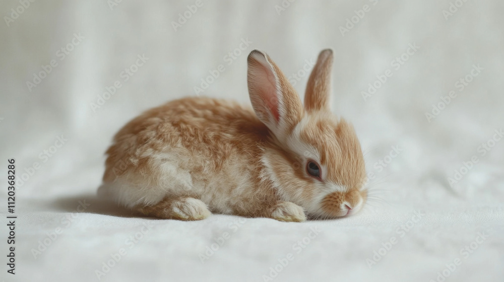 Adorable fluffy rabbit resting peacefully on a soft white surface, capturing the essence of cuteness and tranquility in a serene environment for animal lovers and photographers. Adorable fluffy rabbit resting peacefully on a soft white surface, capturing the essence of cuteness and tranquility in a serene environment for animal lovers and photographers.