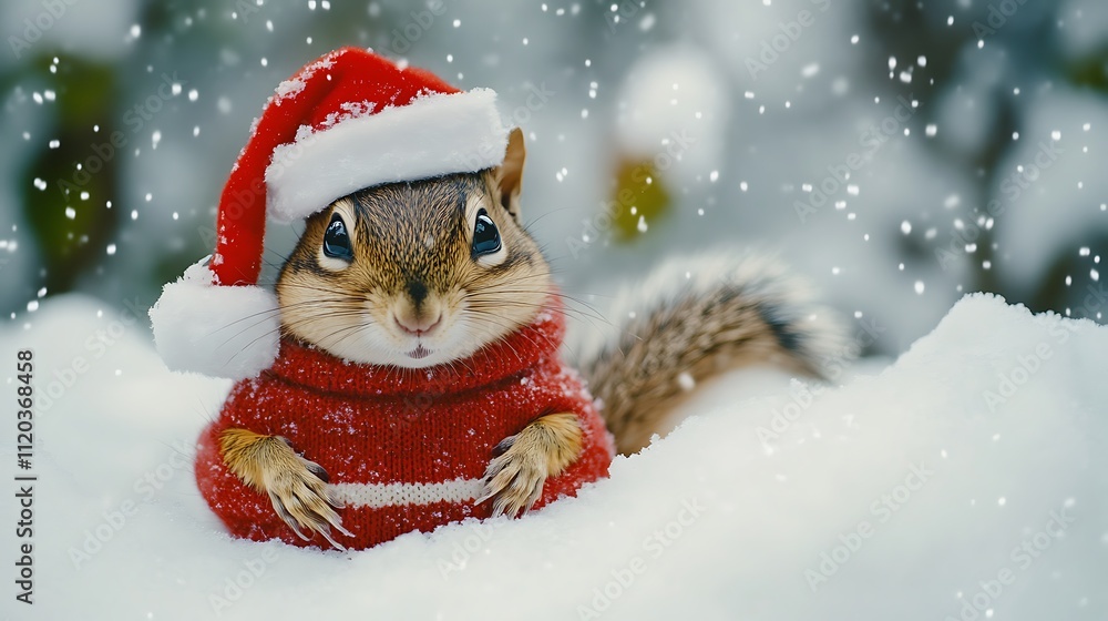 A chipmunk dressed in winter clothes, including a Santa Claus hat and sweater, in a snowy Christmas scene. A chipmunk dressed in winter clothes, including a Santa Claus hat and sweater, in a snowy Christmas scene.