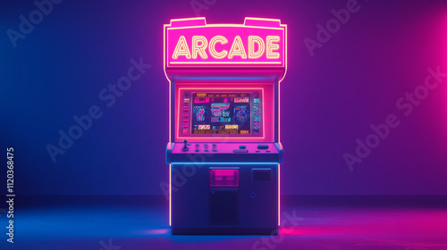 Retro Arcade Game Machine  80s Neon Lights  Pixel Art  Gaming Console  Funfair  Entertainm photo