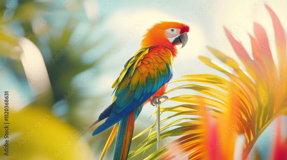Obraz premium Vibrant Scarlet Macaw Perched on Lush Greenery in a Tropical Paradise Under Bright Sunlight