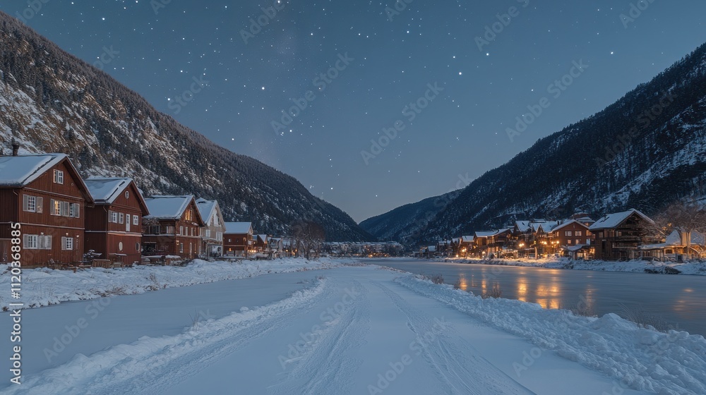 Fototapeta premium Snowy village at night with starlit sky and frozen river.
