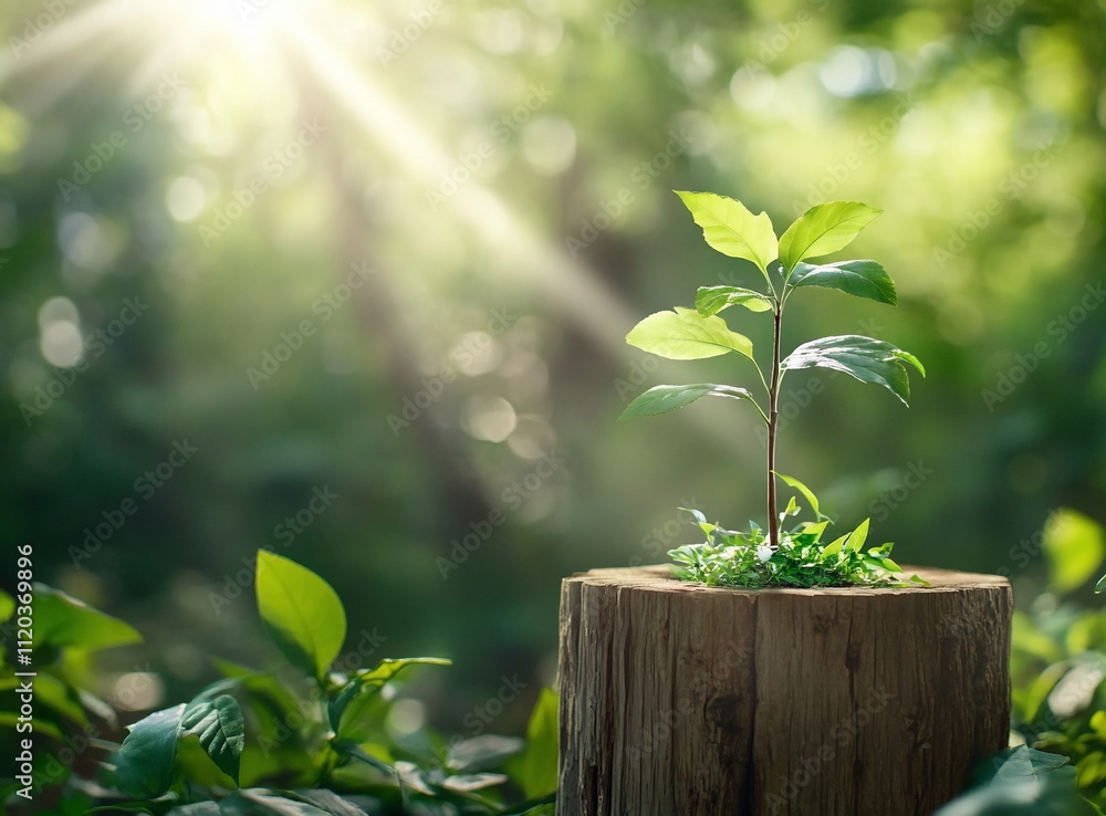 A young plant grows on a stump, symbolizing renewal and nature's resilience. A young plant grows on a stump, symbolizing renewal and nature's resilience.