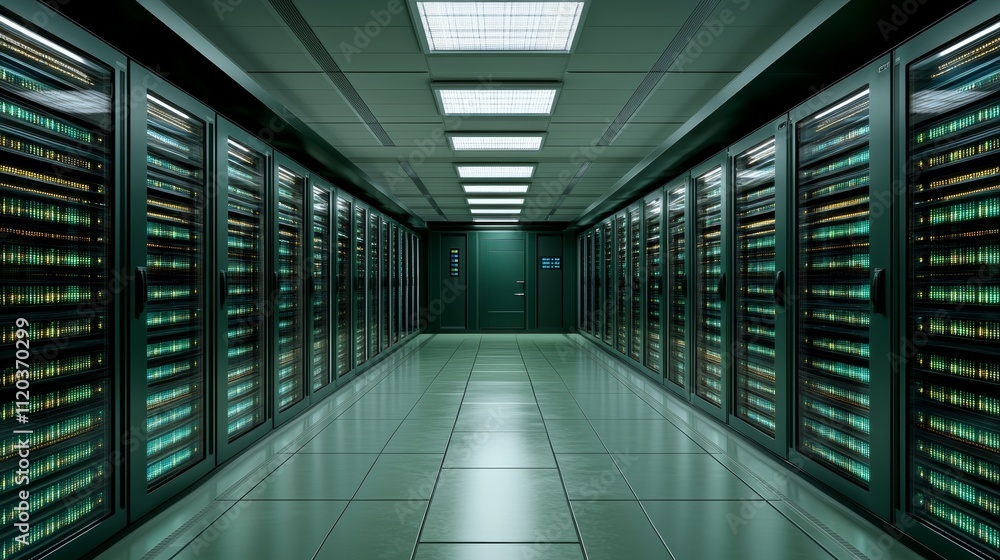 Fototapeta premium Futuristic server room showcasing glowing connection lines and advanced data management technology in a cinematic style