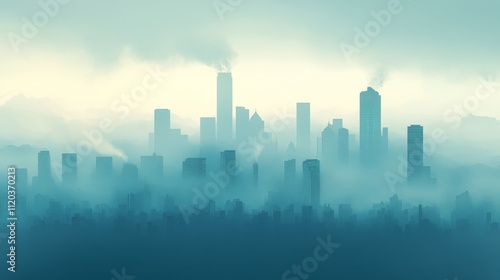 Urban skyline shrouded in fog cityscape atmospheric photography misty environment wide angle view urban mystery