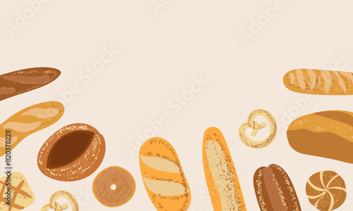 Banner with a variety of bakery products. Baguette, ciabatta, loaf, rye bread, buns, bagel