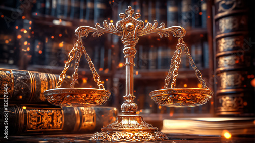 Antique bronze scales sit on a table among law books, exuding history in a richly detailed library