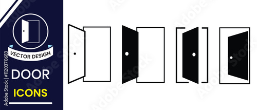 Door icon, vector set. Open, close door icon, vector silhouette set. Collection of Doors symbol, closed door, pull and push icon symbol. Vector illustration.