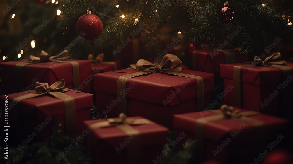 Close up of dark red gift boxes with ribbons nestled under a beautifully decorated Christmas tree adorned with lights Close up of dark red gift boxes with ribbons nestled under a beautifully decorated Christmas tree adorned with lights
