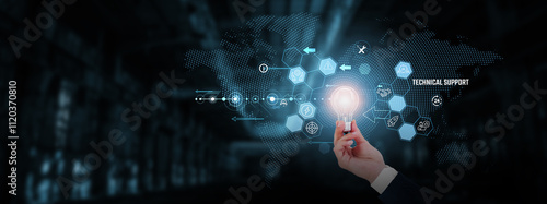 Technical Support: Troubleshooting, customer assistance, IT solutions, problem resolution, network support, system maintenance. Businessman hand holding creative light bulb with innovative technology.