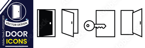 Open, close door icon, vector silhouette set. Door icon, vector set. Collection of Doors symbol, closed door, pull and push icon symbol. Vector illustration.
