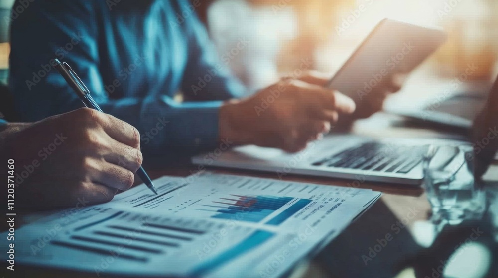 Fototapeta premium Analyzing business reports office setting digital media professional environment close-up view data insights for improved decision-making